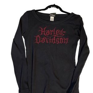 Women’s Harley Davidson, red bling, jeweled, long sleeve graphic shirt, medium